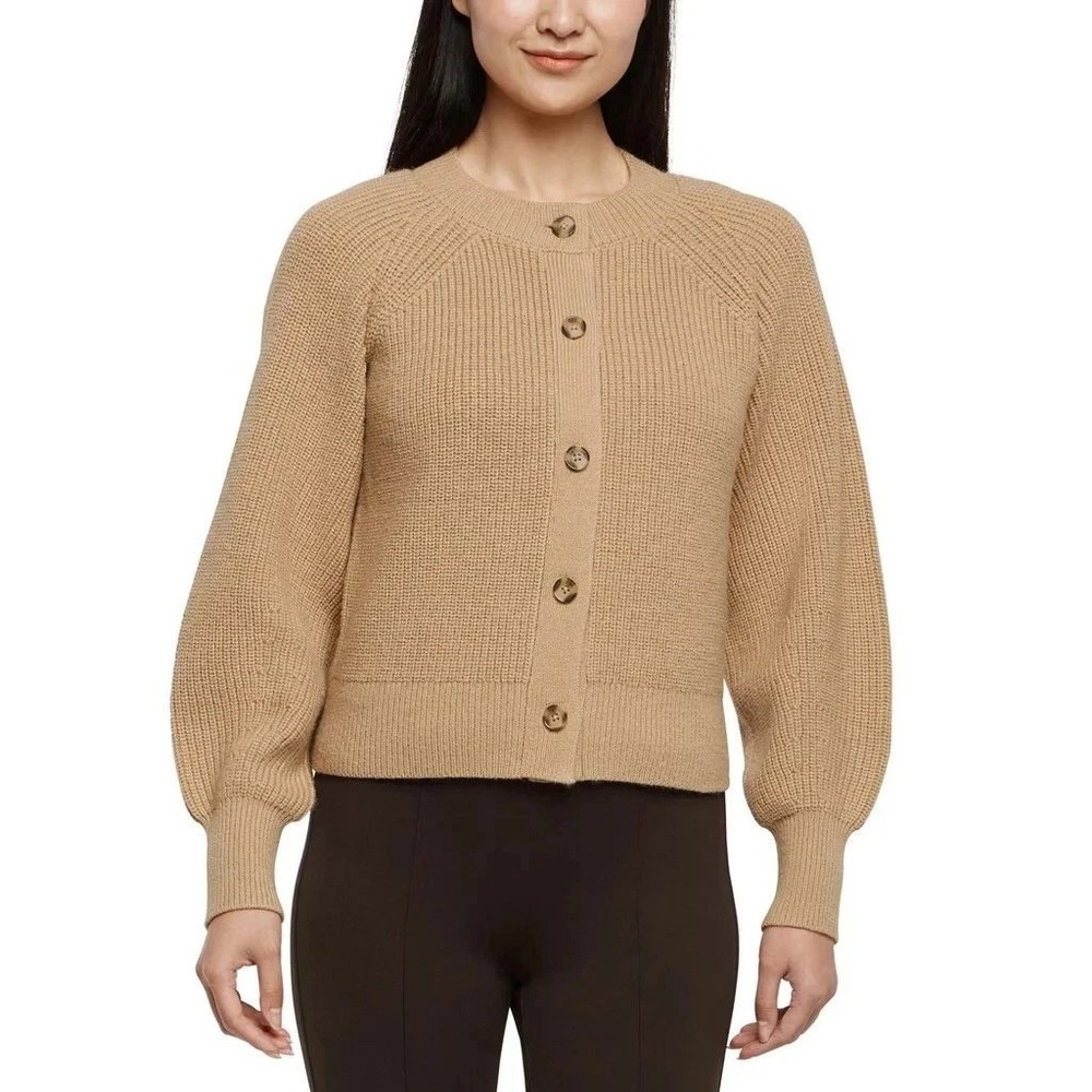 NWOT Banana Republic Women's M Tan Shaker Rib Cardigan Sweater Cotton Blend